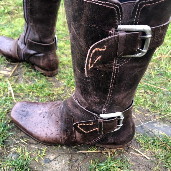 True Religion Shoes - True Religion Tall Brown Leather Strap Moto Boots